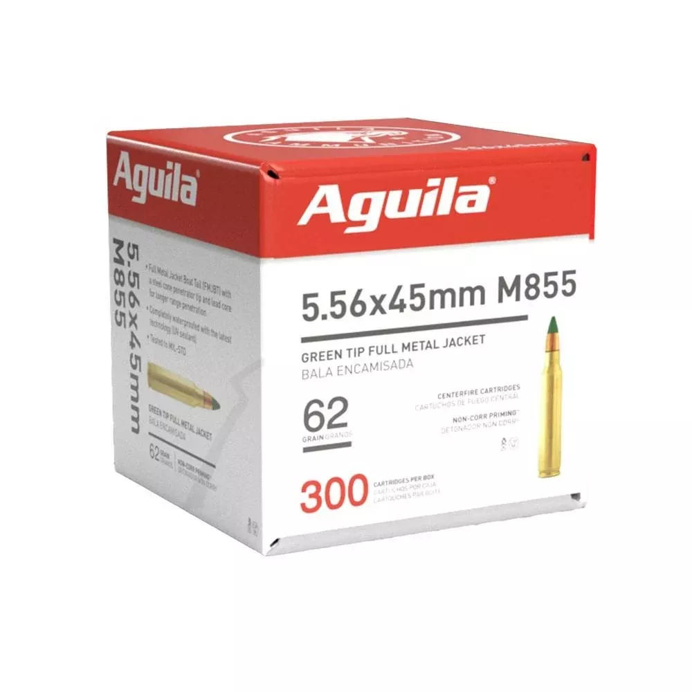 Aguila M855 Green Tip Rifle Ammunition 5.56mm 62gr FMJBT 3150 fps 300/ct - Get Guns N Ammo